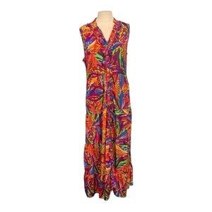 True Destinations Sleeveless V neck Tropical Floral Print Maxi Dress Size Large